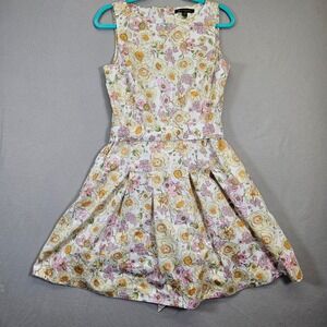 Brooks Brothers Petite Floral Print Fit & Flare Dress Sleeveless Yellow Pink